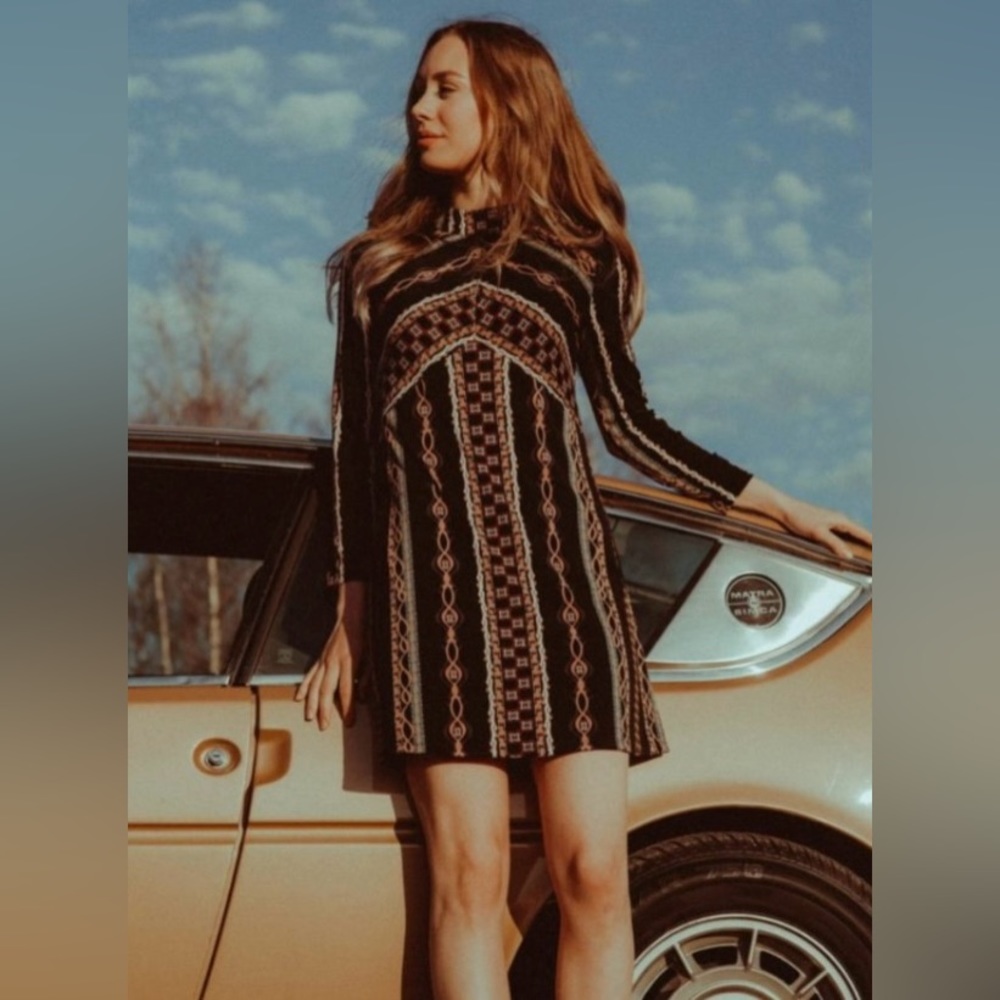 Free People Stella Mini Dress Knit Striped Long Sleeve Lined Retro Size XS